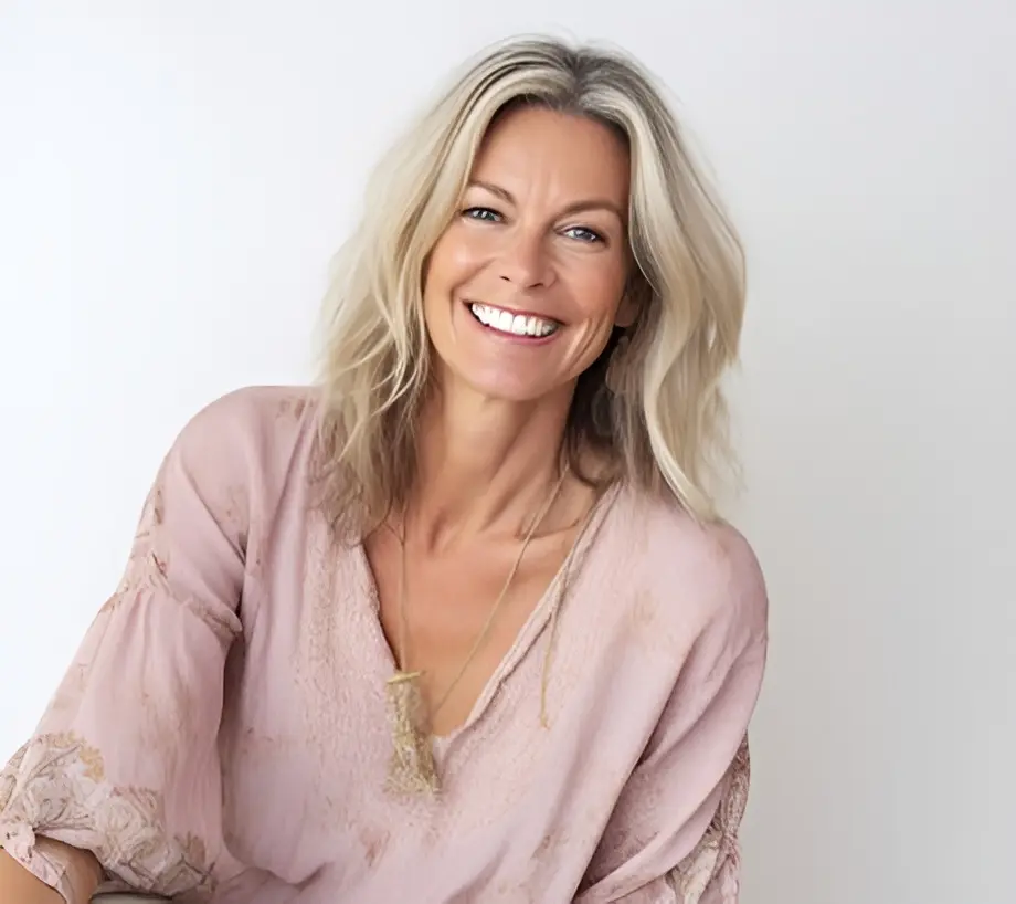 Smiling mature blonde woman portrait with natural glowing skin and soft makeup