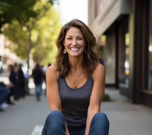 Smiling woman outdoors sitting on city bench in casual outfit