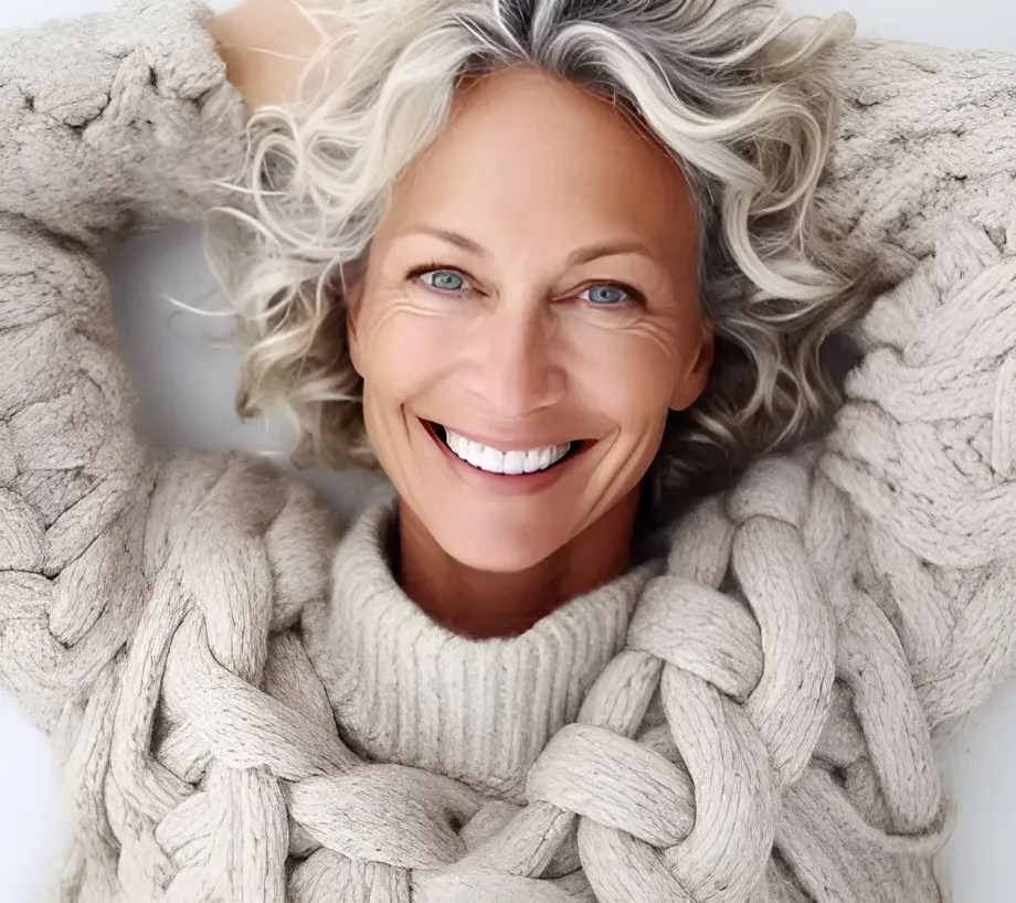 Smiling mature woman with curly gray hair in cozy knit sweater, radiant skincare and natural beauty
